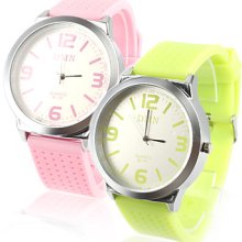 Pair of Silcone Band Big Dial Quartz Wrist Watches - Pink and Green