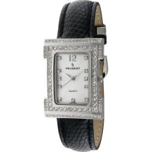 Peugeot 344Bk Women'S 344Bk Silver-Tone Swarovski Crystal Accented Black Leather Strap Watch