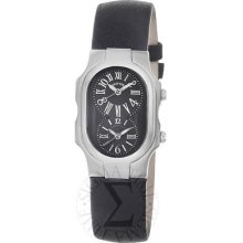 Philip Stein Womens Signature Black Dial Black Leather Strap Watch 1-mb-cb