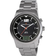 Precision Men's Quartz Watch With Black Dial Analogue - Digital Display And Silver Stainless Steel Bracelet Prew1116