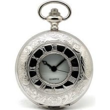 Quartz Roman Numeral Window Pocket Watch - Hand Engraved