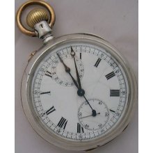 Rare Chronograph Pocket Watch Open Face Silver Case 52,5 Mm Running Condition