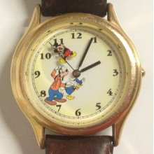 Rare Disney Time Works Animated Mickey Mouse Goofy Donald Duck Wrist Watch