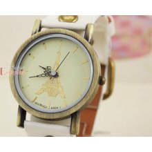 Rare Purity White Leather Band Beige Dial Eiffel Tower Women Quartz Wrist Watch