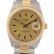Rolex Date Mens 18k Stainless Steel 15223 No Holes Mint Gold Dial Quickset Just