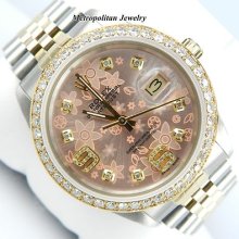 Rolex Datejust 16013 With Yellow Gold Diamond Bezel And Custom Diamond Pink Dial