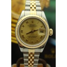 Rolex Datejust 18k Yellow Gold & Ss Date Ladies Roman Dial Watch 1 Yr Warranty