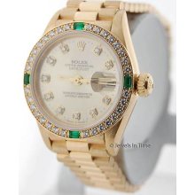 Rolex Ladies Datejust President 69078 E 18k Yellow Gold Diamonds & Emeralds