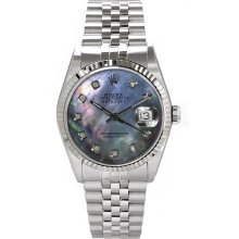 Rolex Men's Datejust Stainless Steel Fluted Custom Dark Mother of Pearl Diamond Dial