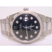 Rolex Tudor Prince S/s 18k Bezel Diamond Dial Oysterdate Self-winding Watch 1970