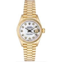 Rolex Women's President Yellow Gold Fluted Custom Mother of Pearl Diamond Dial