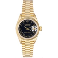 Rolex Women's President Yellow Gold Fluted Black Roman Dial