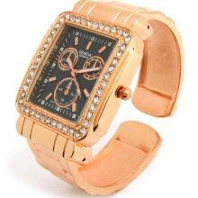 Rose/black 3d Geneva Designer Style Sq Crystal Bezel Women's Bangle Cuff Watch