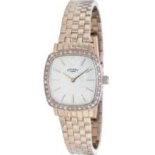 Rotary Ladies Swiss Made Gold Watch W/ Crystals & Mother Of Pearl Dial