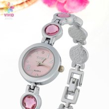 Round Pink Vivid Number Dial Fancy Gem Chain Gold Plated Stainless Steel Watch