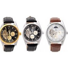 Round Steel Case Men's Mechanical Wrist Watch PU Leather Band Hour/Sec