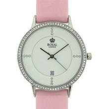 Royal London Ladies Date Cz Set Bezel Pink Glitter Leather Strap Watch 20152-04