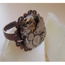 Sale - Steampunk Gothic Filigree Ring with vintage watch movement