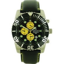 Sartego Men's Ocean Master Stainless Steel Chronograph Watch Leather Band Black Dial, Yellow Subdials, Black Bezel, Leather - Sartego Watches