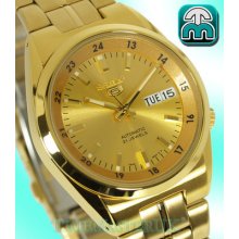 Seiko 5 Mens Automatic Gold Tone Face & Bracelet Day & Date Snkj20j1