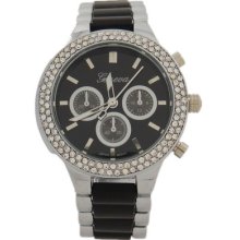 Silver And Black Acrylic Band Geneva Watch With Crystals Bezel For Women