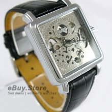 Silver Classic Mens Skeleton Mechanical Watch Elegant Men's Wrist Watch
