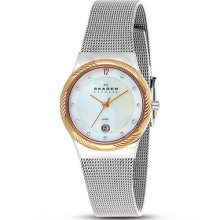 Skagen Ladies Denmark Twisted Topring White Dial Steel Mesh Band Watch 880lssr