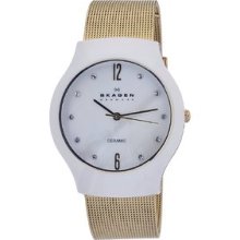 Skagen Women's Ceramic MOP Dial Goldtone Steel Mesh Band