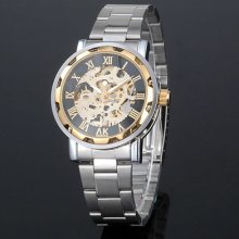 Skeleton Golden Roman Numerals Vintage Style Mens Auto Mechanical Wrist Watch