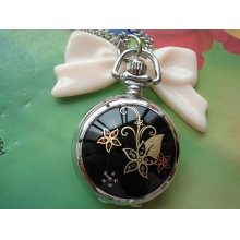 Small White Steel Silver Filigree Painted Black Celadon Flowers Round Pocket Watch Locket Necklaces with Chains