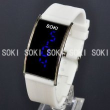 Soki Blue Led Date Digital Unisex Quartz White Silicone Band Wrist Watch S45