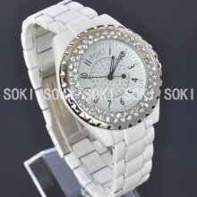 Soki White Crystal Glass Analog Quartz Womens Lady Luxury Band Watch S089