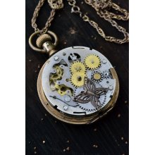 SteamPunk Antique Gold Pocket Watch Parts Jewelry Movement Pendant Necklace Butterfly Wearable Art