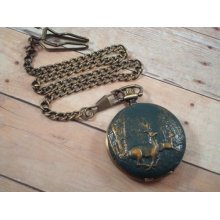 Steampunk Deer Pocket Watch - Stag - Hunter in Green and Gold