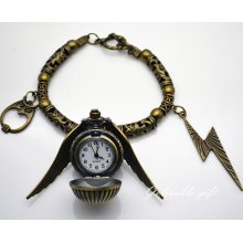 Steampunk Harry Potter Charm Bracelet,pocket watch bracelet ,antique brass golden snitch,lighting scar, message owl charms bracelet BHPW01