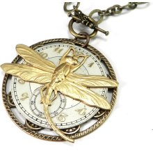 Steampunk Necklace - Luxe Victorian Dragonfly Steampunk Jewelry - Gold Pocket Watch Dial - Edwardian Vintage