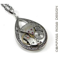 Steampunk Necklace - Silver Teardrop CARAVELLE Pocket Watch Pendant - Mechanical Watch Movement - Industrial Pendant