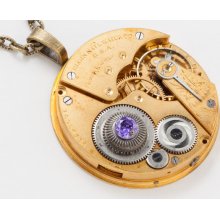 Steampunk Necklace vintage gold Elgin pocket watch movement gears amethyst purple crystal unisex mens womens pendant Steampunk Nation 1733