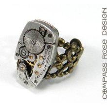 STEAMPUNK Ring Square Clockwork Elgin Watch 7 Ruby Jewel Movement Brass Adjustable Ring