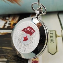 Steel Silver Case Unisex Handwinding Pocket Watch Fashion Russian Star Chain