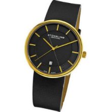 Stuhrling Original 244.333554 Mens Swiss Quartz Goldtone Case on Black Leather Strap with Grey Dial