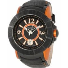 Stuhrling Original 543.332I557 Mens Lifestyles Sentry Swiss Quartz with Black IP Case Black Dial with Orange Accents and Black Leather Strap Watch