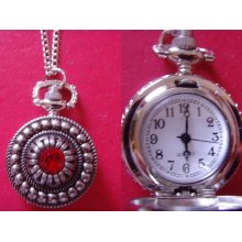 Stunning red crystal vintage style silver tone pocket watch 24 inches necklace timepiece