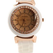 Stylish Silicone Band Quartz Round Crystal Lady's Wrist Watch - White