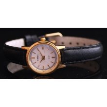 Timex Womens Classics Gold Tone Stainless Steel Case Black Leather Strap Watch