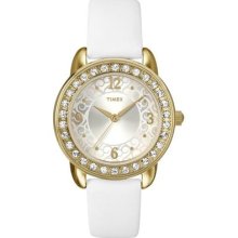 Timex Womens Elevated Classics Crystal Stones Set Bezel White Leather Watch