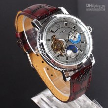 Tracking No.silver 3-dial Skeleton Day&night Dark Red Leather St
