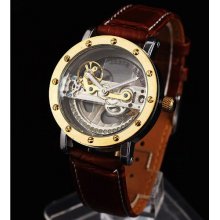 Transparent Dial Brown Band Automatic Mechanical Mens Watch
