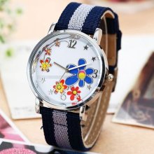 Trendy Flower Blue Nylon Lady Women Analog Bracelet Quartz Wrist Watch Usts