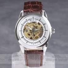 Trendy Idol Luxury Skeleton Gear Men Mechanical Leather Analog Wrist Watch Clock